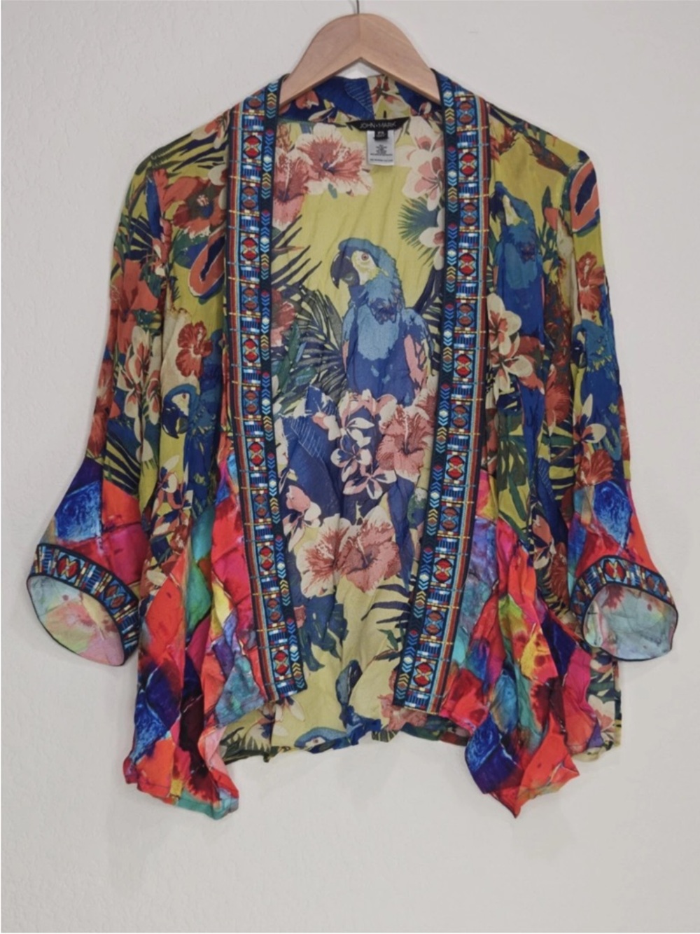John Mark Kimono Bird Floral Embroidered Print Boho Resort Size S PETITE